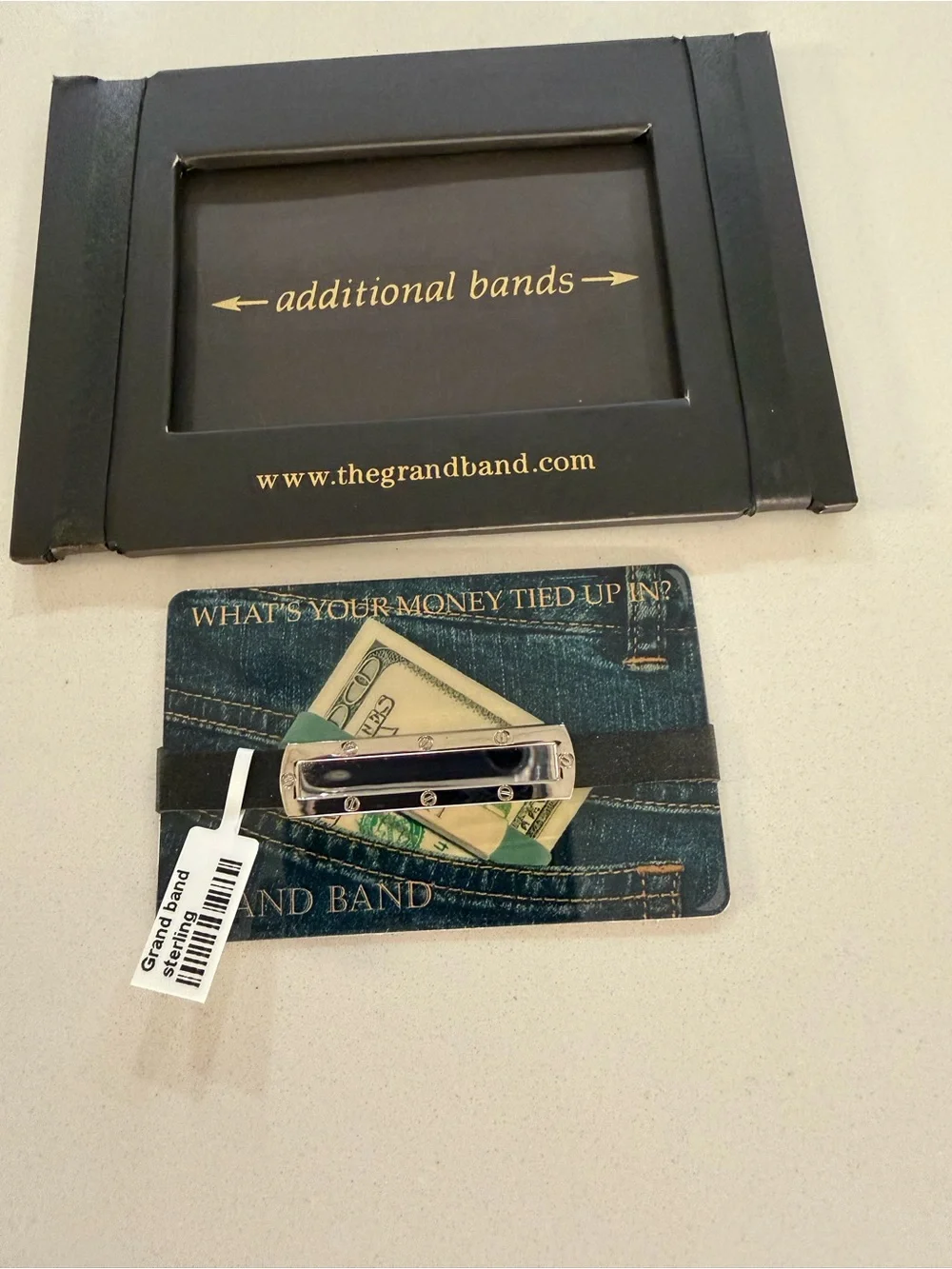 Grand Band Sterling Silver 925 Money Clip Wallet with Black strap